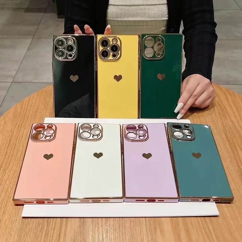 

Quadrilateral Plating Love Heart Phone Case For IPhone 15 Pro Max 14 13 12 11 Xs XR 8 7 Plus SE2/SE3 TPU Shockproof Back Cover