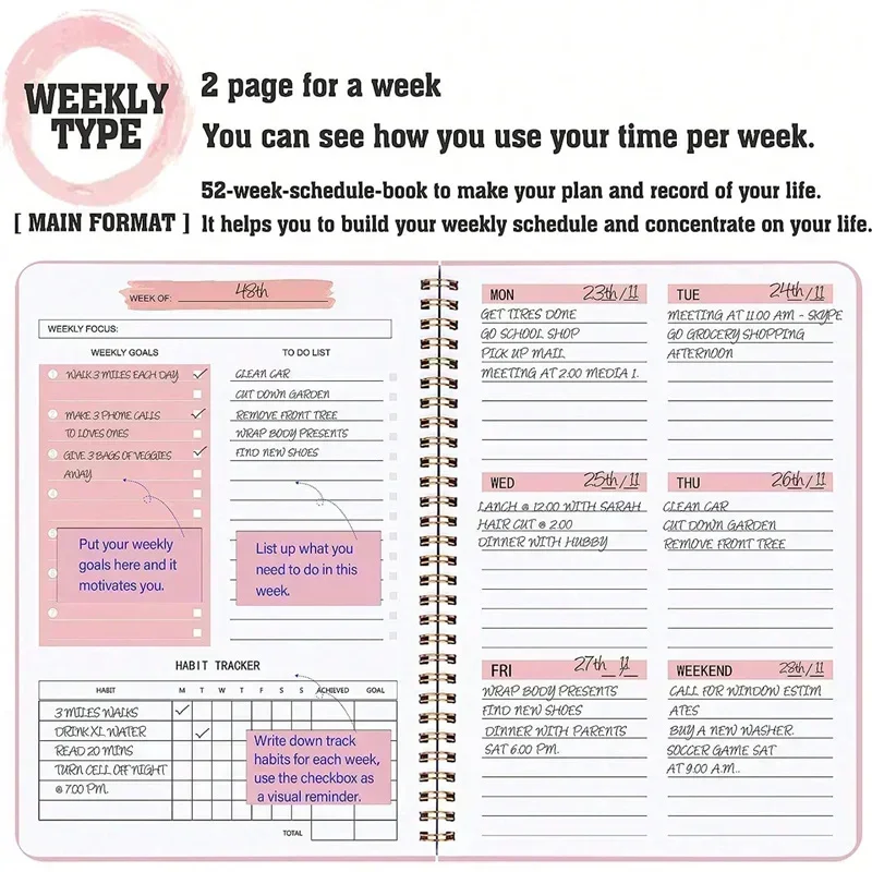52 Weeks Weekly Planner Notebook A5 Undated Spiral Agenda for Daily Student Schedules Journal Stationery Office School Supplies