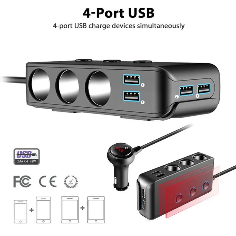 SEAMETAL Car Charger QC3.0 Fast Charging Cigarette Lighter Adapter 4 USB Ports 120W Phone Charger with Switch Voltage Display 2