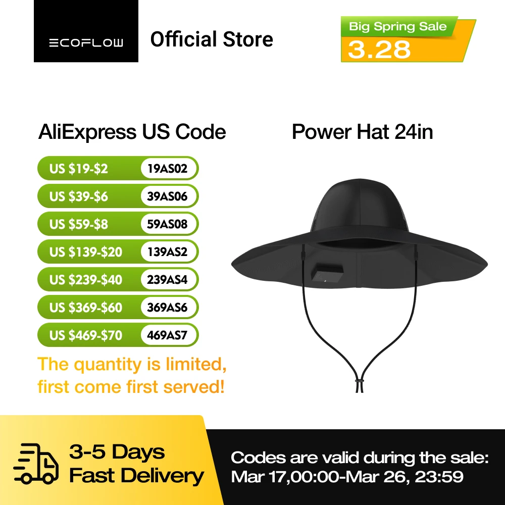 ECOFLOW Power Hat, Solar Charging Bucket Fishing Hat, Dual USB-A/USB-C Ports, SPF 50+ Wide Brim Sun Hats, XLarge 24 in, Black