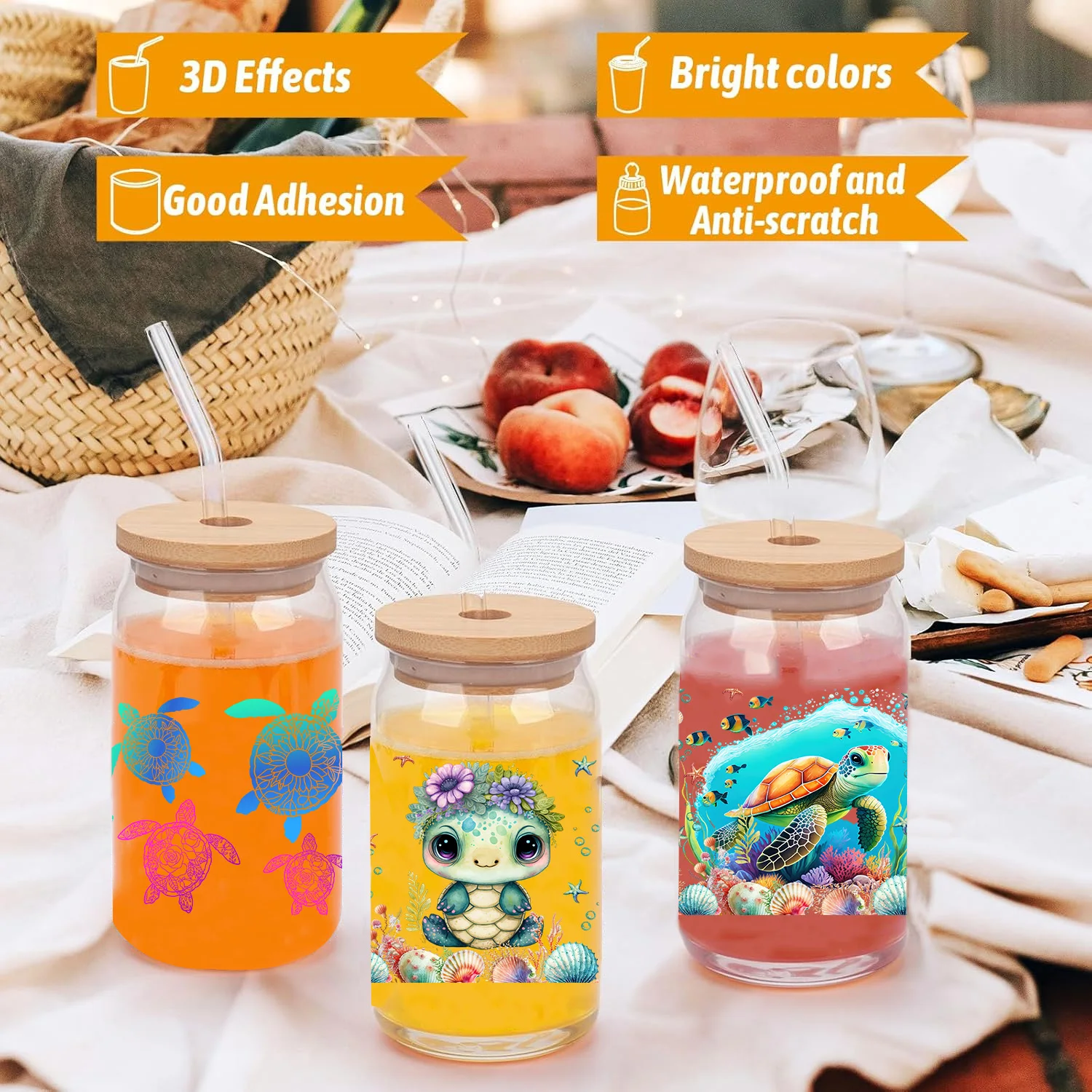 Cute turtle Series easy peel waterproof DIY Decals Retro Beauty 3D transfers uvdtf crystal sticker 16oz uv dtf cup wraps