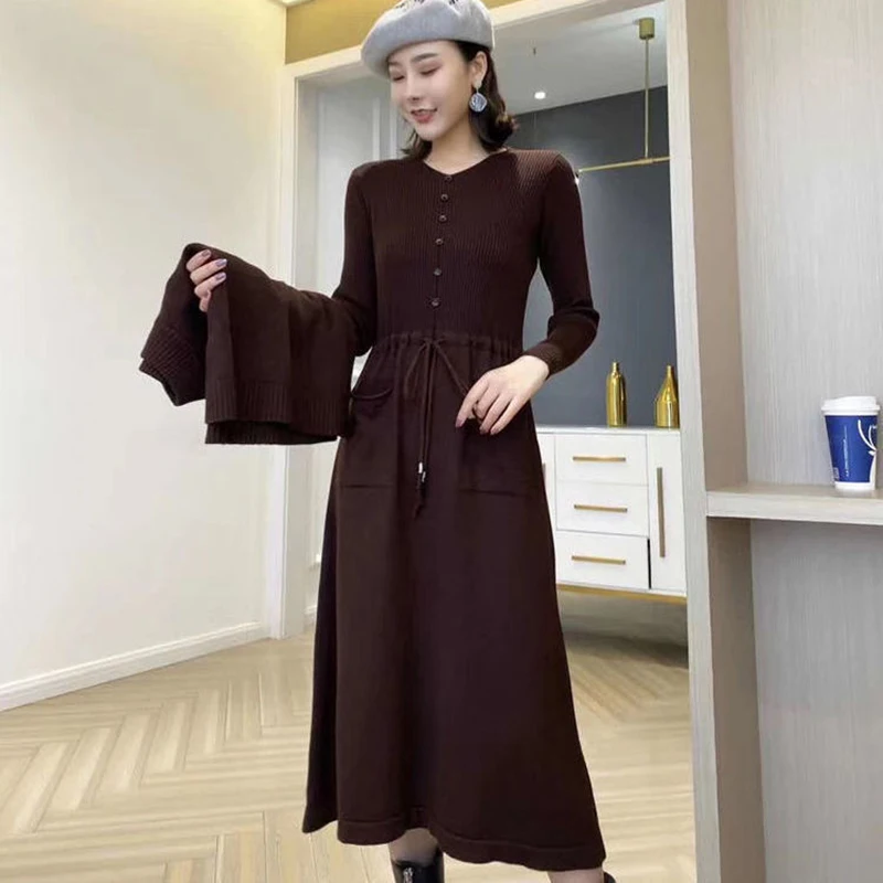 Office Lady Elegant Knitted Two Peice Suit 2023 Korean Fashion Women Short Sleeve Pullover Vest +Lace Up Waist Sweater Dress Set