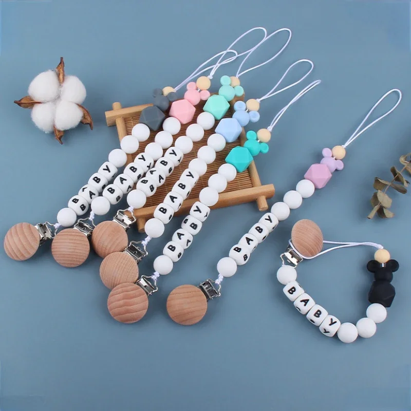 Custom English Silicone Letter Name Animal Silicone Beads Pendant Pacifier Clips Chains Teether Baby Shower Gifts