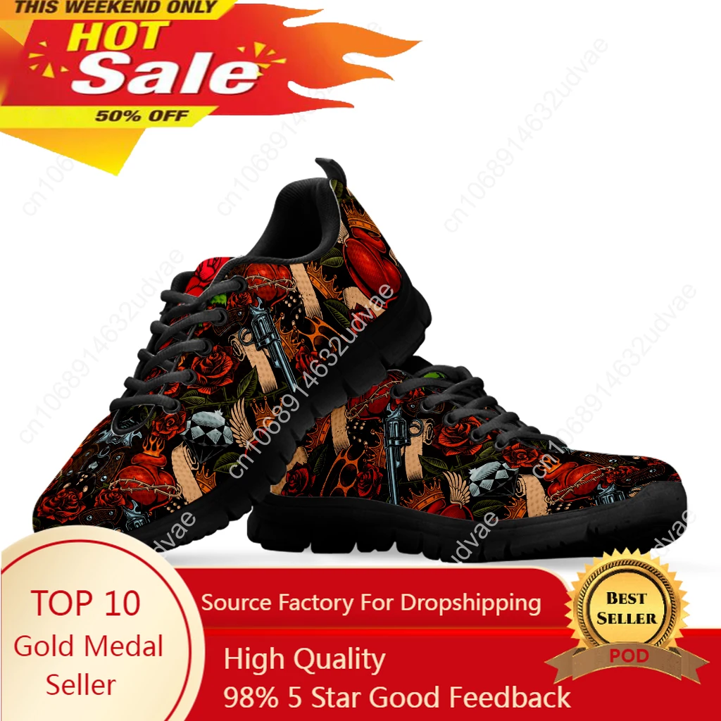 3D Rose Skull Casual Sneakers For Women Sunflower Skull Walking Shoes Flower Print Breathable Tennis Shoes Zapatos