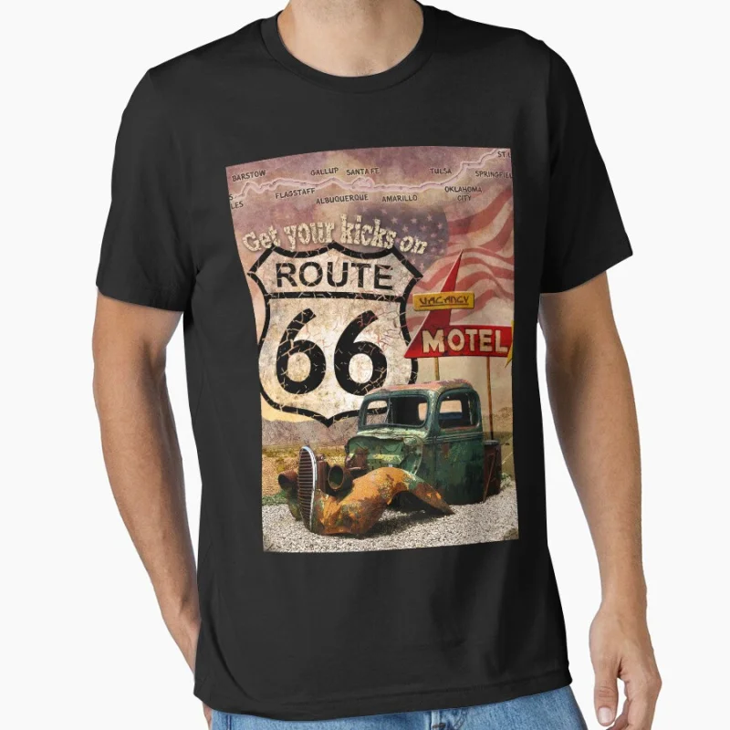 Holen Sie sich Ihren Kicks on Route 66 US Highway Sign Vintage The Mother Road bedrucktes T-Shirt für Männer, große Größe, Erwachsenen-Tops S-6XL