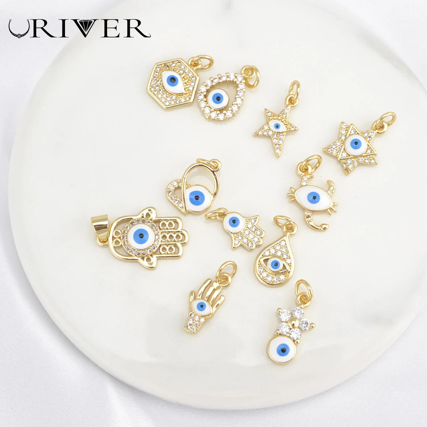 

Fine Fatima Hand Necklace Pendant Copper Gold Plated Devil Eye Resin Eyes Pendant Charm Amuleti DIY CZ Jewelry Wholesale Bulk