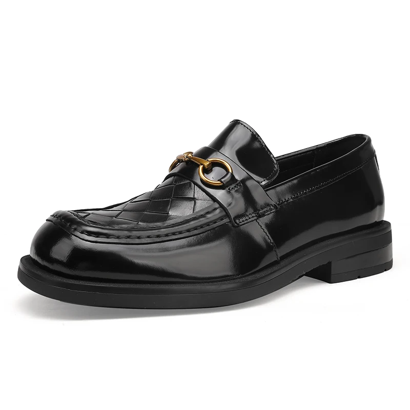 Men Business Shoes Laces Round Head Leather Knitted Shoes Thick Soles