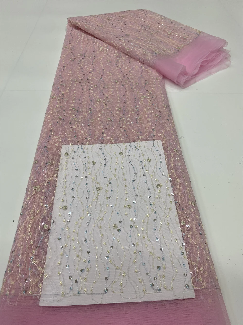 

Pink 5 Yards Tulle Lace African Lace Fabric With Sequins High Quality French Mesh Net Lace Fabrics For Wedding Party
