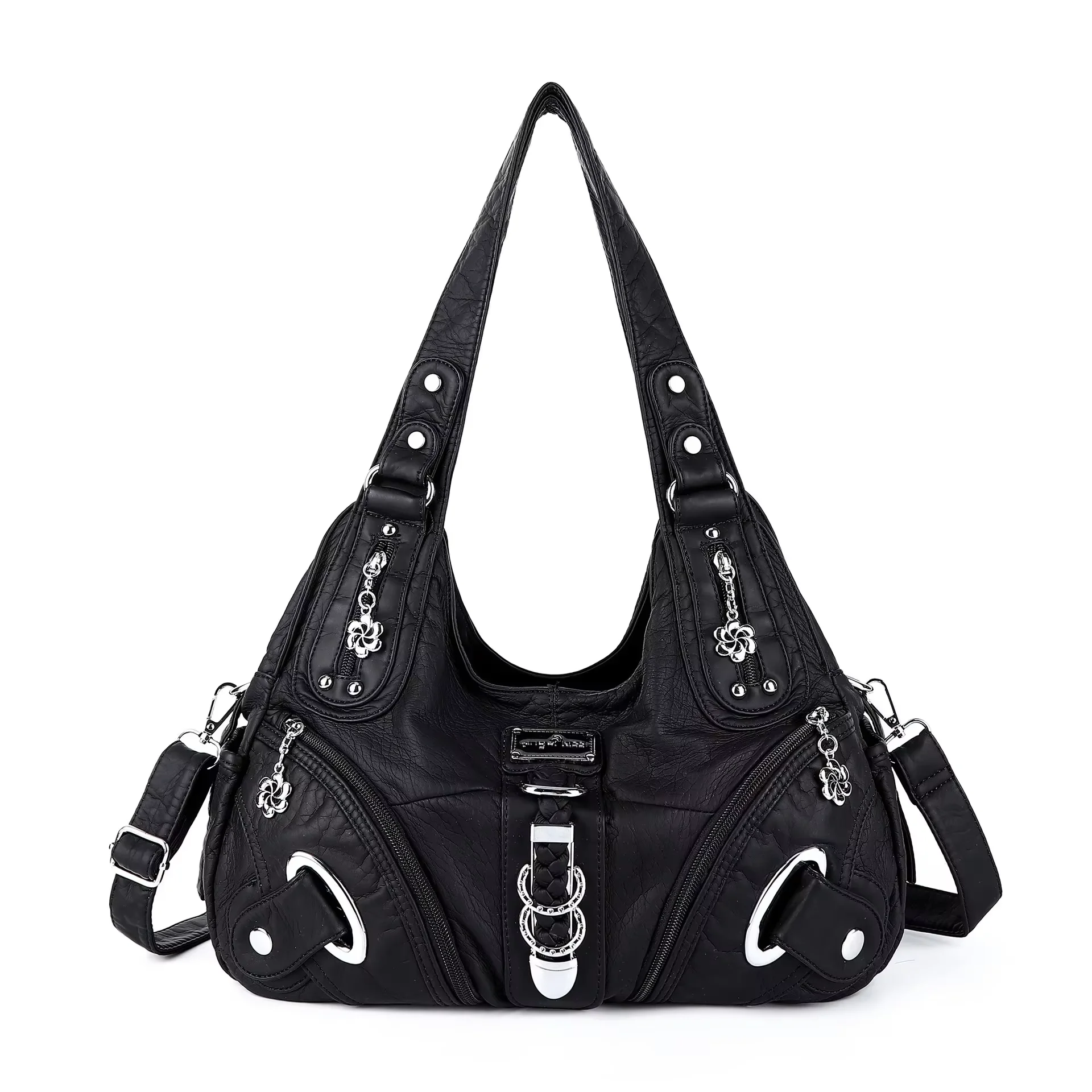 Damenhandtaschen, modische Umhängetasche, große schwarze Tragetasche, Einkaufstasche mit Henkel, mehrere Fächer, Damenhandtasche.