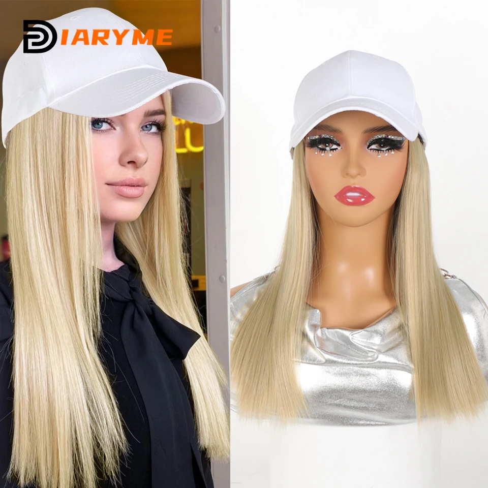 Blonde Long Straight Wig hat Synthetic Wigs Hat With Hair Wig One-piece Hat Wig Extension White Baseball cap With Hair piece