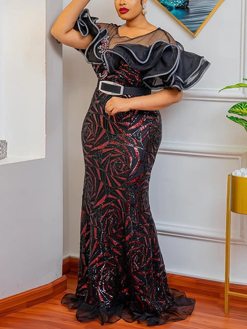 Amaka Long Evening Ruffle Sleeve Sequin Mermaid Gown - Image 2