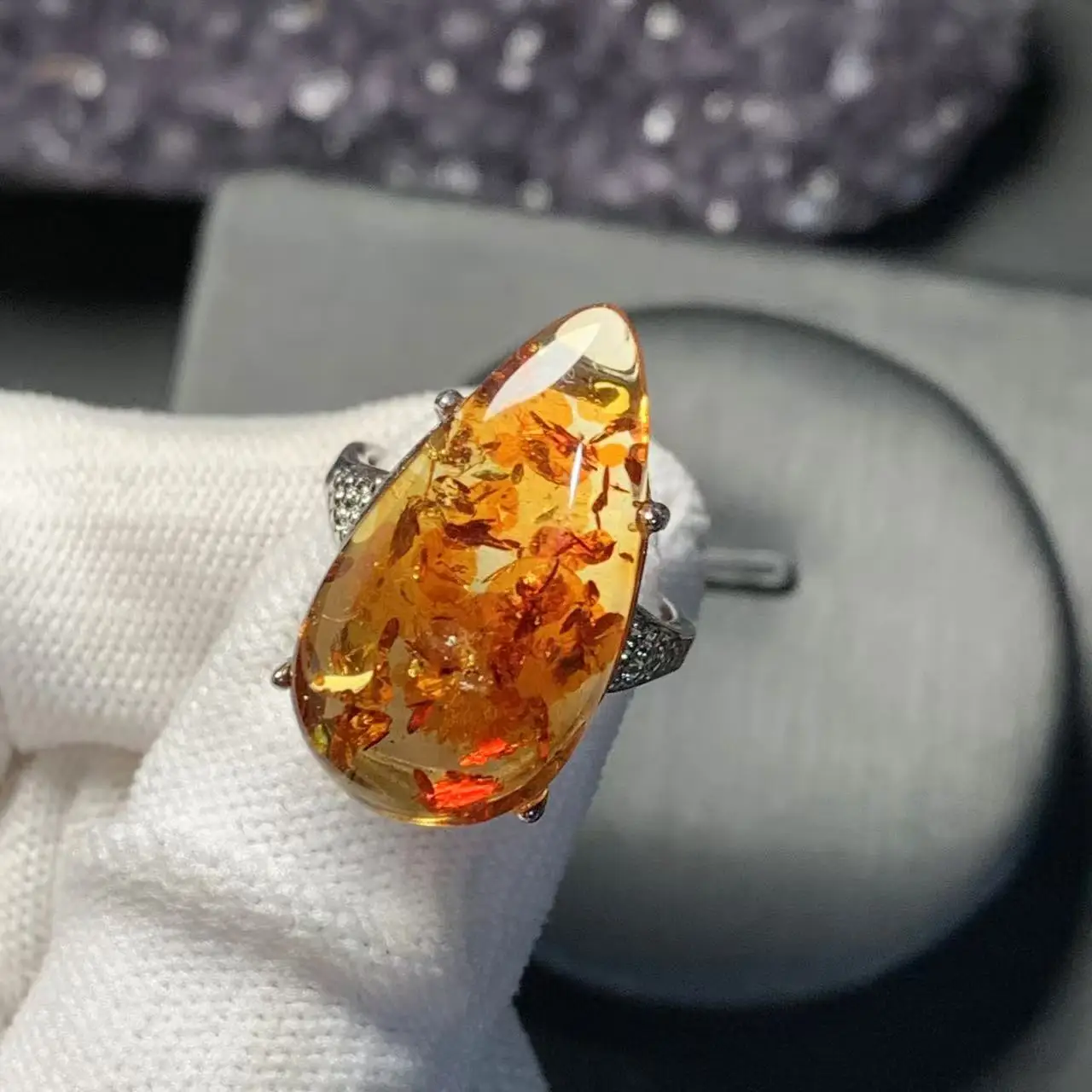 DROP Natural Flower Amber Ring Adjustable Female Ring Jewelry for Women Gift Wholesale High Quality Vintage Fine