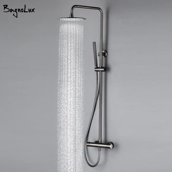 Thermostat Shower Set Mixer Tap Valve Bathroom Thermostatic Faucet Wall Mount Arm Diverter With Handheld Spray & Rain Head 1