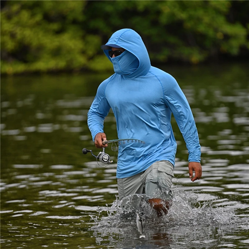 Men's Hooded Fishing Shirt with Mask UV UPF50+ Neck Gaiter Light Air_O_Mesh  Fishing Coat Men LS Performance Fishing Shirts - AliExpress