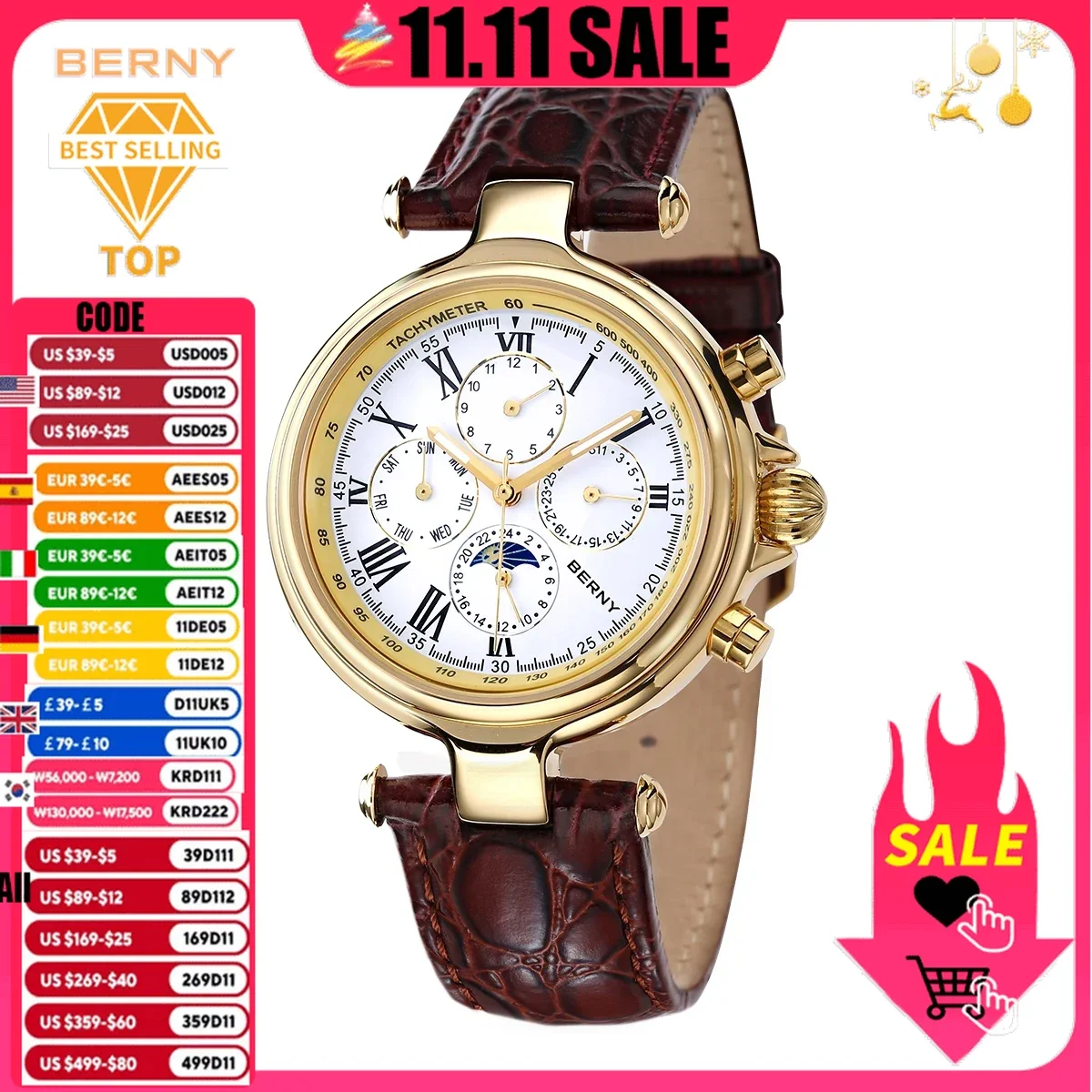 Mechanical Watch Berny Automatic Retro Men Sun&Moon Phase Luxury Luminous Seagull ST1652