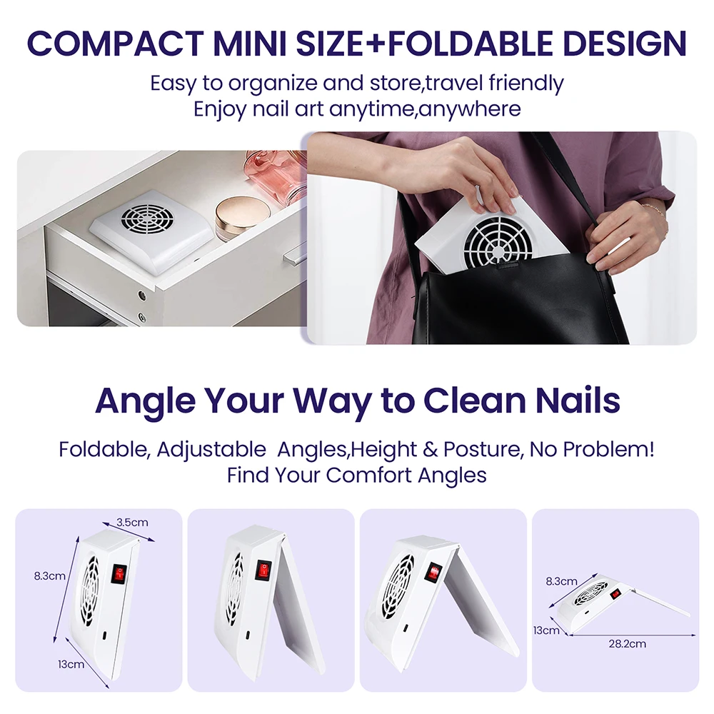 Mini Folding Nail Dust Collector Extractor Fan For Manicure Machine Powerful Nail Vacuum Cleaner With Remove Bag Filter