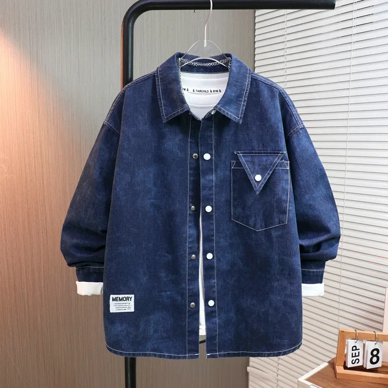 Boys Long Sleeve Cotton Flannel Shirt Casual Denim Style Outerwear for Middle And Large Children Autumn Fashion Kids Clothing