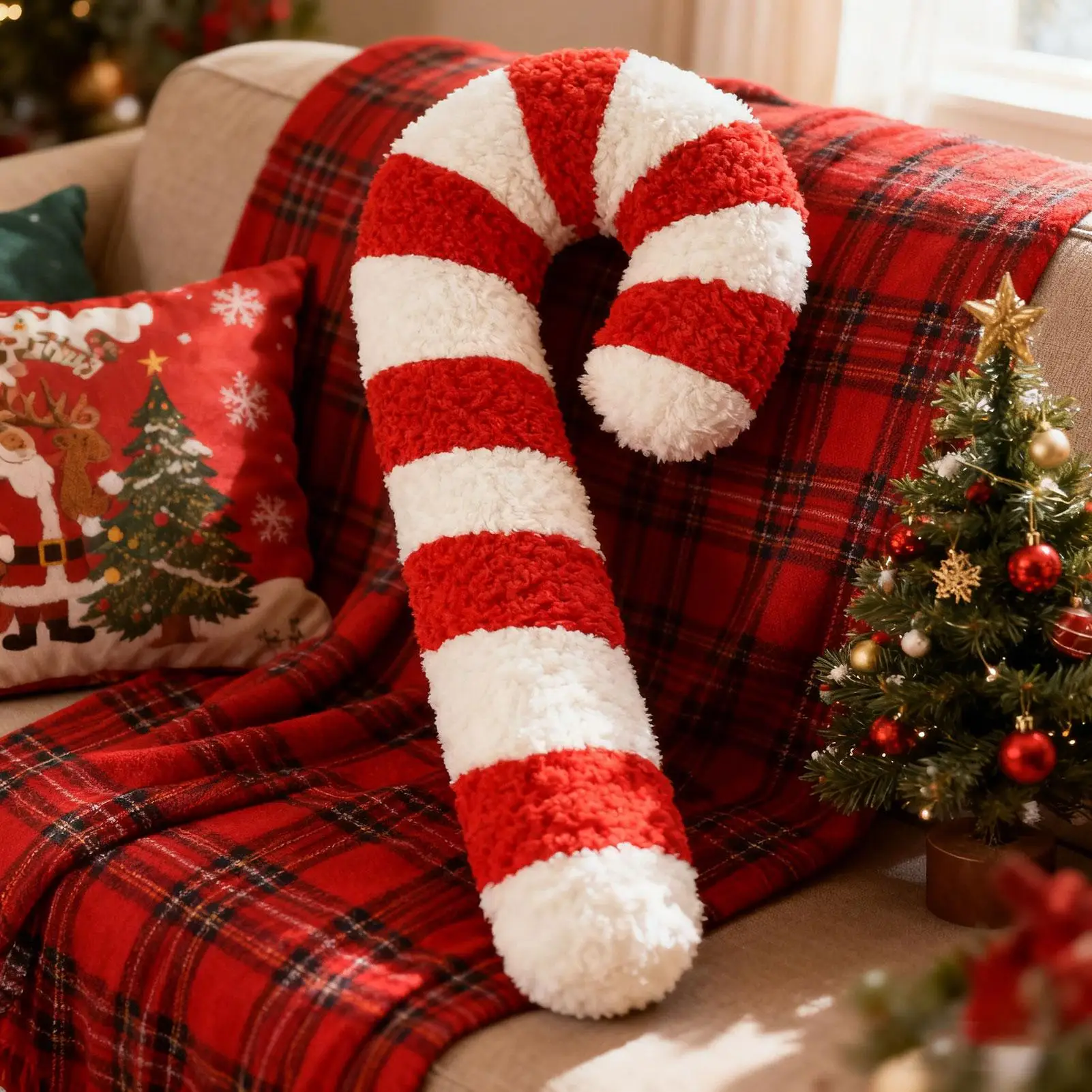 Weihnachtskissen, bequem, Zuckerstangenform, Weihnachtsdekoration, weiches Plüsch-Süßigkeitskissen für Wohnzimmer, Sofa, Stuhl – Detail 9