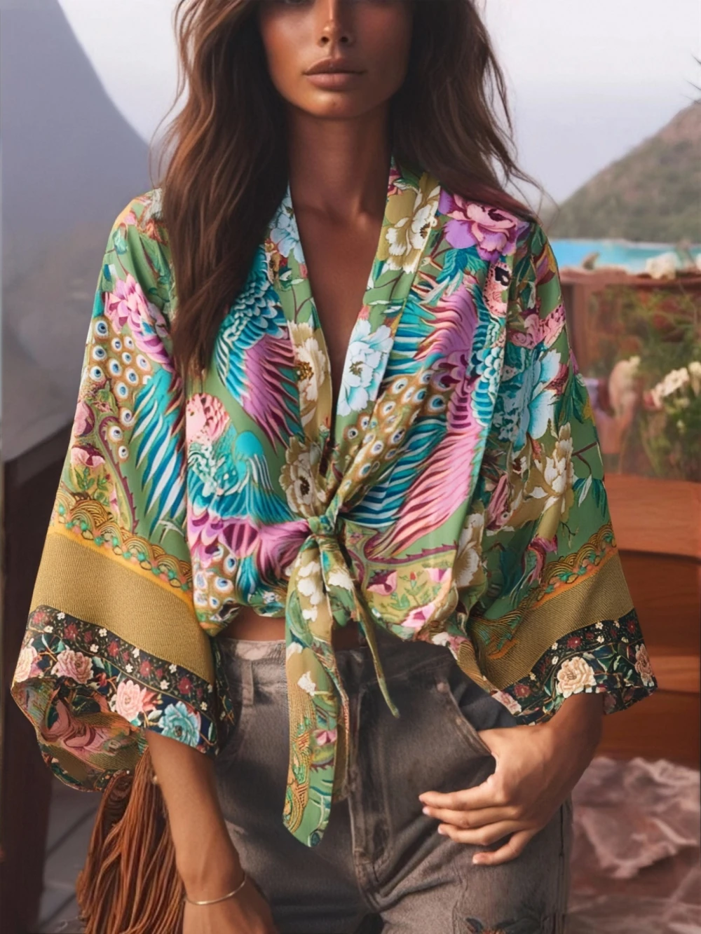 Boho Vintage Floral Print Beach Summer Short Kimono Women Fashion Ladies Casual V Neck Batwing Sleeves Bohemian Cover-ups beach cover swimsuit cover beach dress