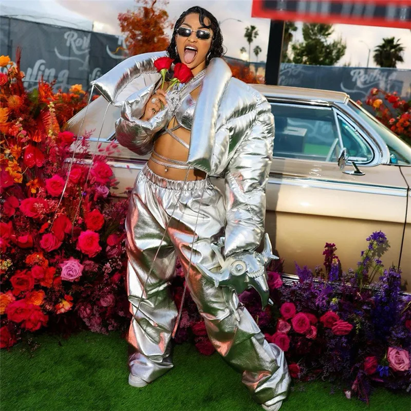 

Metallic Cotton Padded Coats 2023 Fall Winter Women Stand Collar Full Sleeve Ribbons Short Parkas Jackets Warm Y2K Outerwear