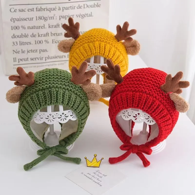 

Winter Autumn Warm Plush Knitted Ear Warmer Children Hat Cute Deer Elk Antlers Baby Hat Bonnet Boys Girls Beanie Christmas Hats
