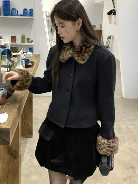 Korean Fashion Women Casual Punk Coat Streetwear Vintage Fur Patchwork Leopard Jackets Y2k Aesthetic Turn Down Collar Coat Femme 3