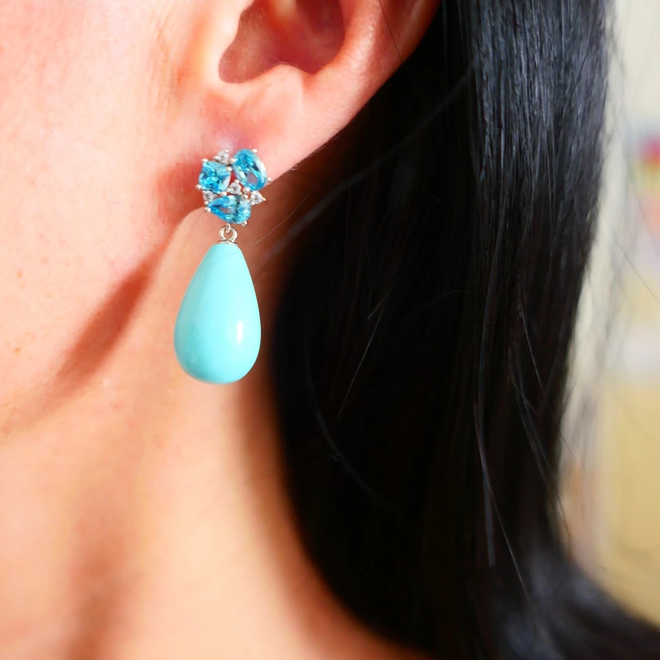 Pendientes Colgantes De Turquesa Hechos A Mano En Plata De Ley: Piedra Preciosa Estilo Pera Estilo Bohemio - México