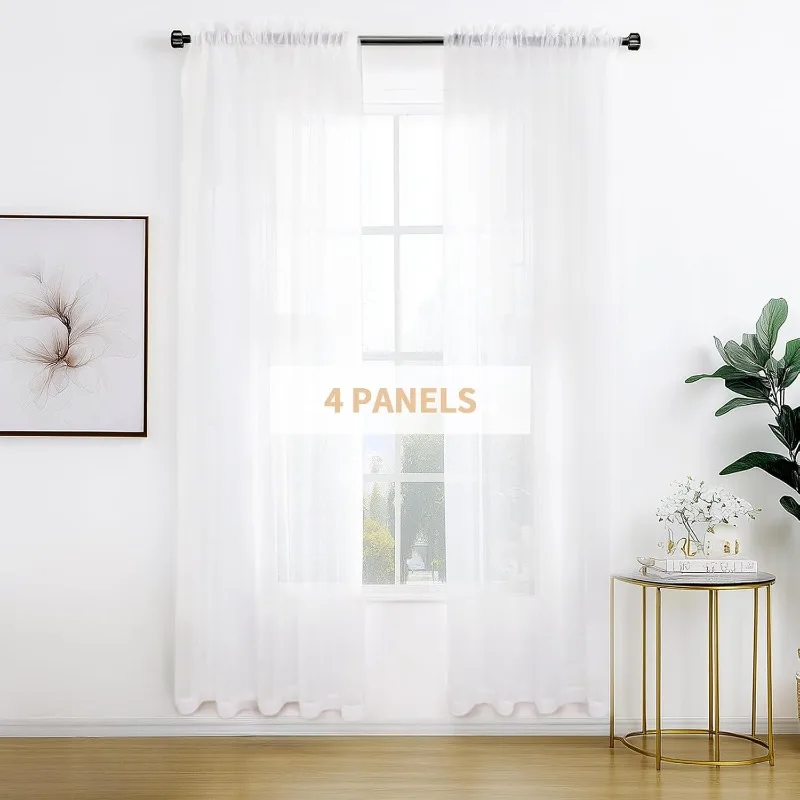 4 Panels White Sheer Curtains 108 inches Long Rod Pocket Semi Sheer Curtain Translucency Balance Privacy Voile Window Drapes 2