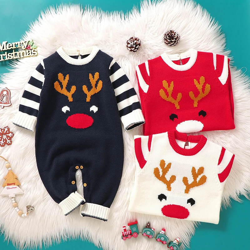 Baby Girls Boys Christmas Knit Romper Elk Pattern Stripe Long Sleeves Round Neck Full Length Jumpsuit baby sweater romper 0-18M