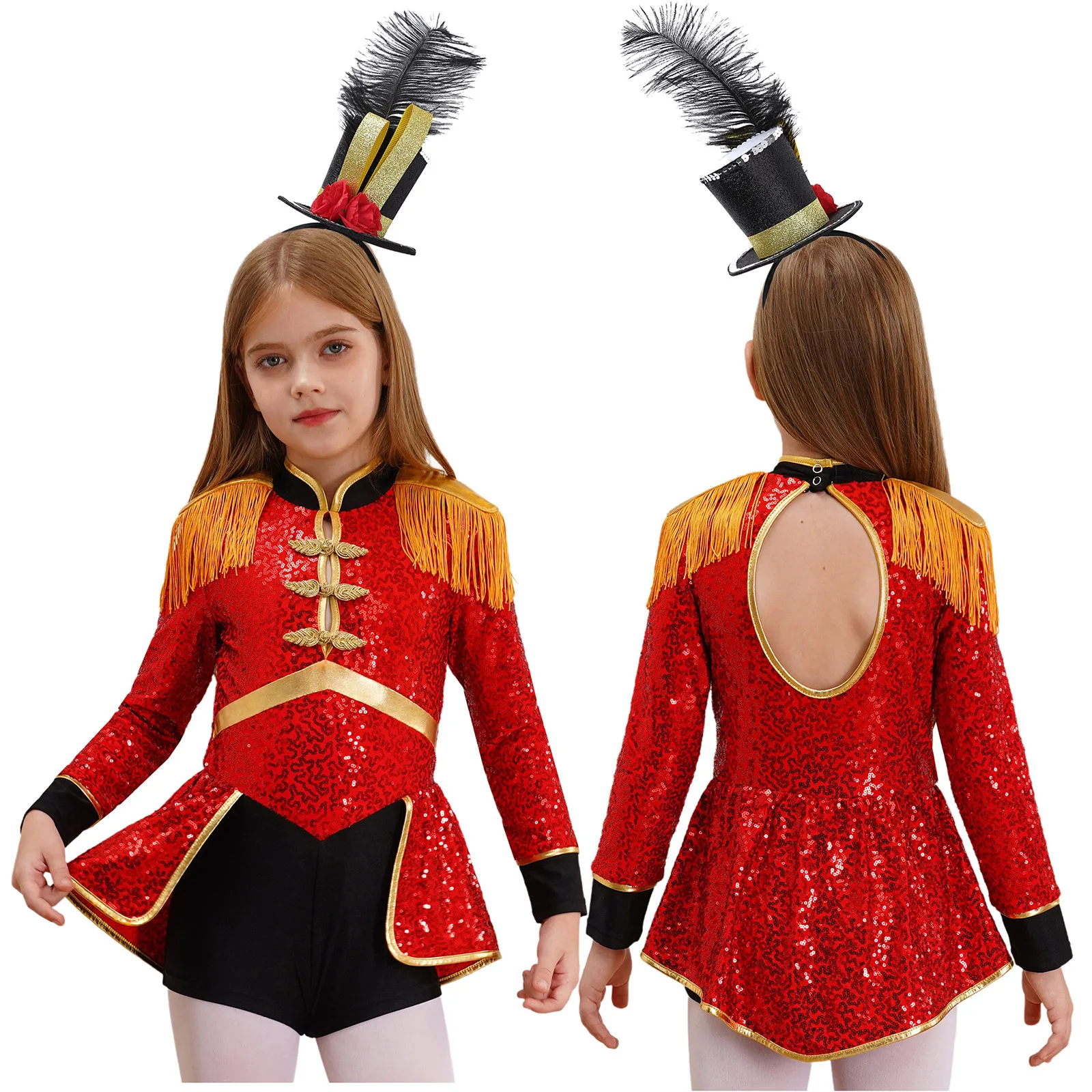 thumbnail image 1 of Disfraz de mago para niños y niñas, traje de Cosplay de mago, baterista de circo, Charretera con flecos, mono de lentejuelas con Mini sombrero de copa, sombrero de equipo de tambor, 1 of 5