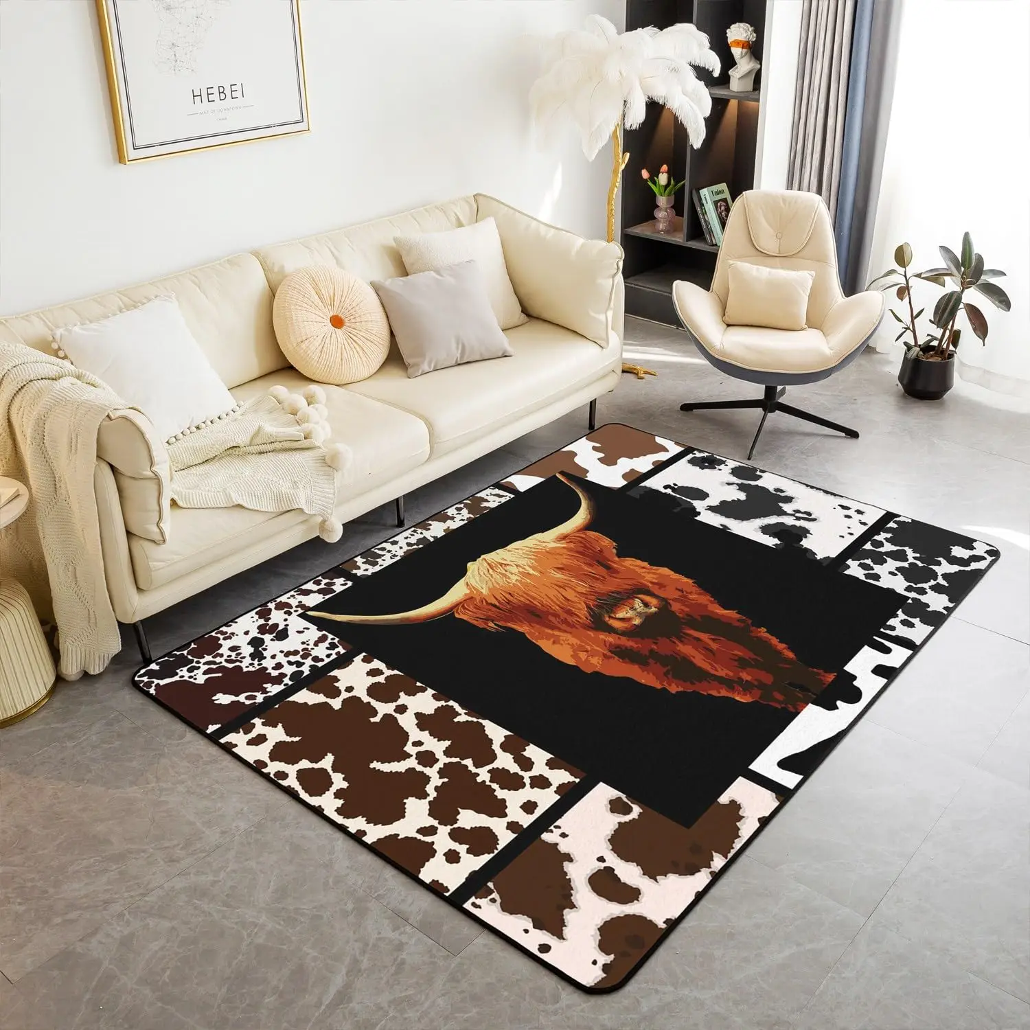 Western Cowhide Area Rug Cow Fur Print Rug Rustic Farm Animal Carpet for Boys Girl Cowboy Non Slip Door Mat Sofa Table Floor Rug
