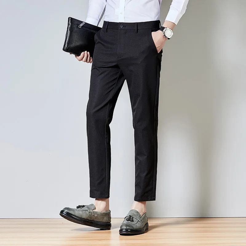 Брюки мужские костюмные облегающие, деловые офисные однотонные классическиештаны со средней талией, с эластичным поясом, Черные Серые, в Корейскомстиле, весна-осень