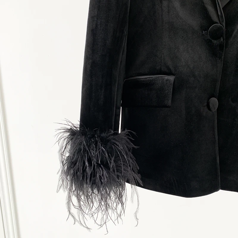 Black Velvet Blazer with Ostrich hair Feathers Women  Jacket Satin Lapel Office Business Autumn Winter Coat Formal Blazer Suit 5