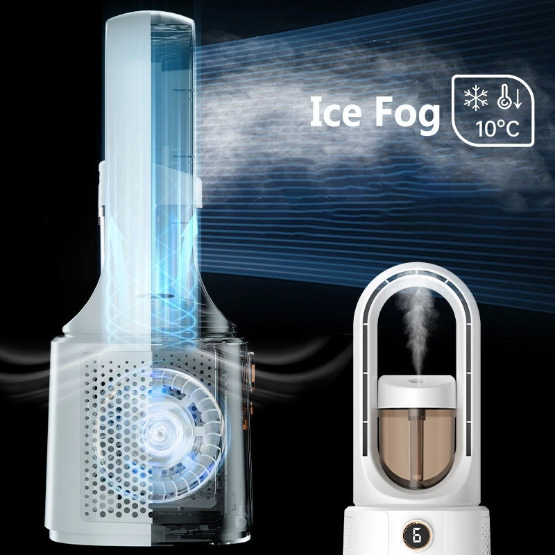 Bladeless Fan Leafless Spray Fan Portable USB Mute Desktop Bedroom Night Light Humidifying Electric (White)
