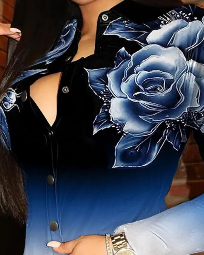 2024 Women's Top Spring/Summer Ink Flower Print Long sleeved Button Down Shirt