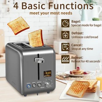 Toaster 2 Slice,Stainless Steel,LCD Display,7 Bread Shade Settings,1.4'' Wide Slots,4-in-1 Functions,Removable Crumb Tray,900W 5