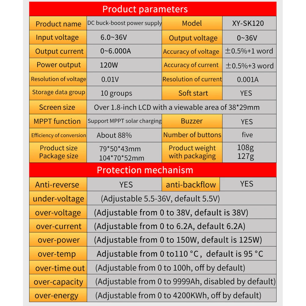 XY-SK120 태양광 전원 공급 모듈 (조정 가능한 매개변수 0-36V 0-6A 120W, LCD 디스플레이 및 온도 모니터링 기능 포함)