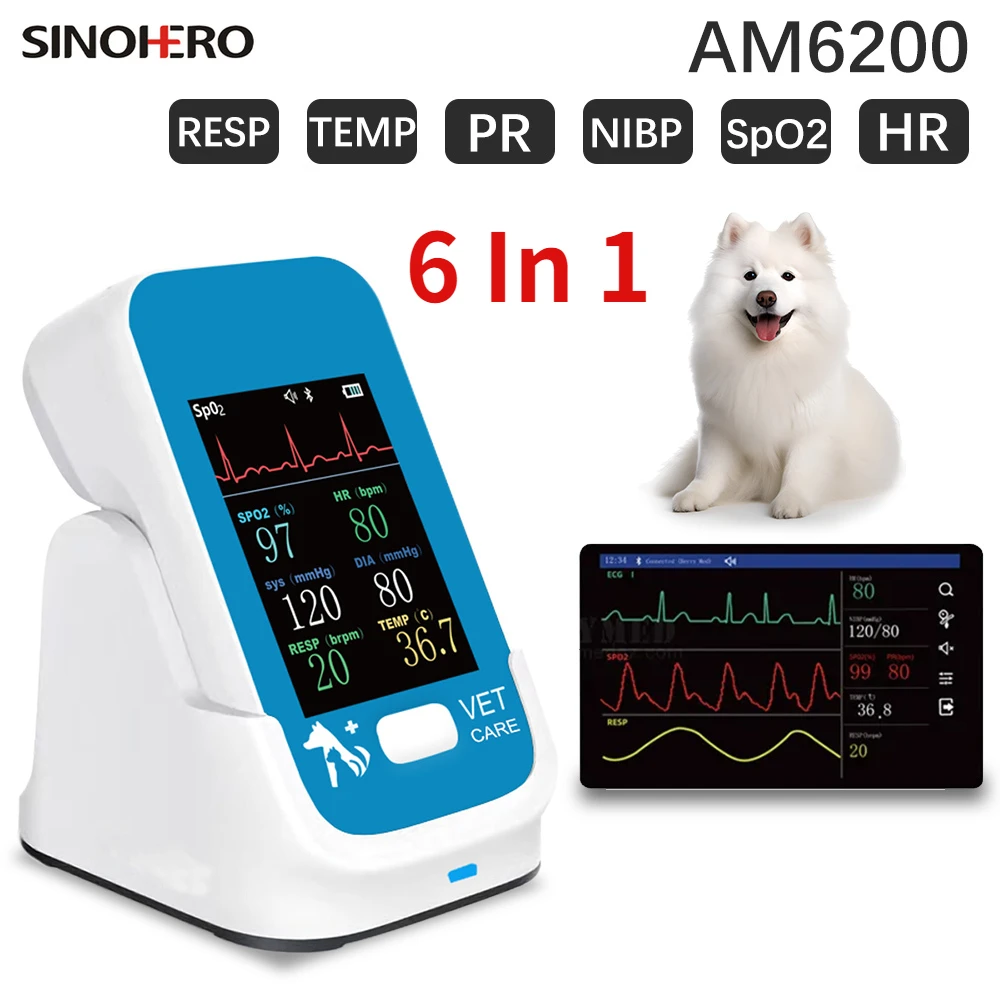 AM6200 Veterinary Handheld Vital Signs Monitor Animal Bluetooth APP Patient Monitor SpO2/HR/Temp/ECG/RR/NIBP Medical Equipment