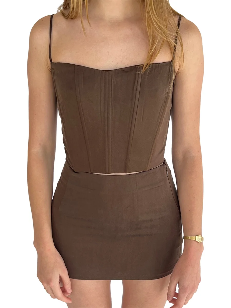 

Женский сексуальный комплект Y2k из 2 предметов с юбкой, укороченный топ без рукавов с завязкой спереди, облегающий эластичный мини-юбка с запахом и разрезом