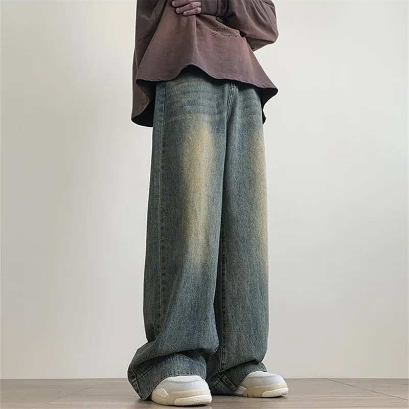 단추 포켓 워싱 하이 스트리트 패션 바지, 헐렁한 와이드 레그 팬츠, 올드 청바지 만들기, 용수철 및 가을 남성 의류, A050