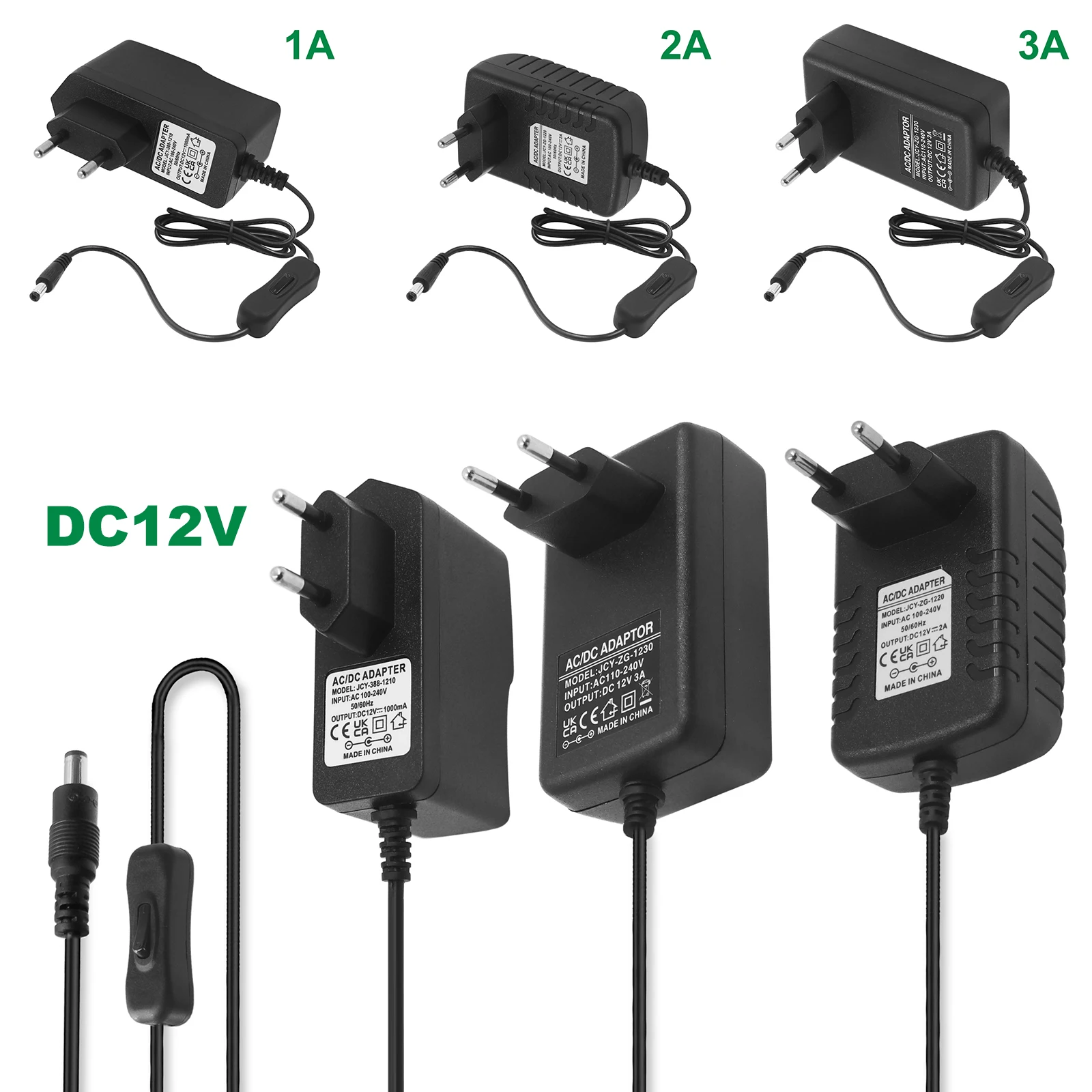 Universal Power Adapter with On/Off Switch - 12V DC Charger Converter, 100-240V AC Input