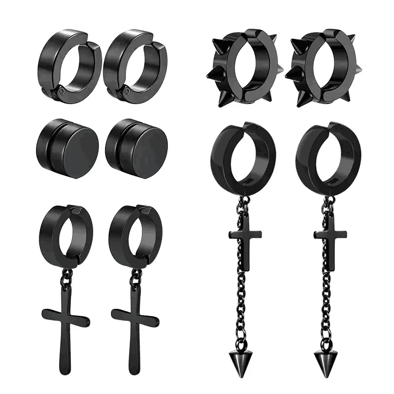 1/2/3/4/5 Pairs of Men's Punk Cross Pendants Stainless Steel Earless Magnet Earrings Set Unisex Black Clip Earrings ear clip earrings clip earrings ear clip magnetic earrings