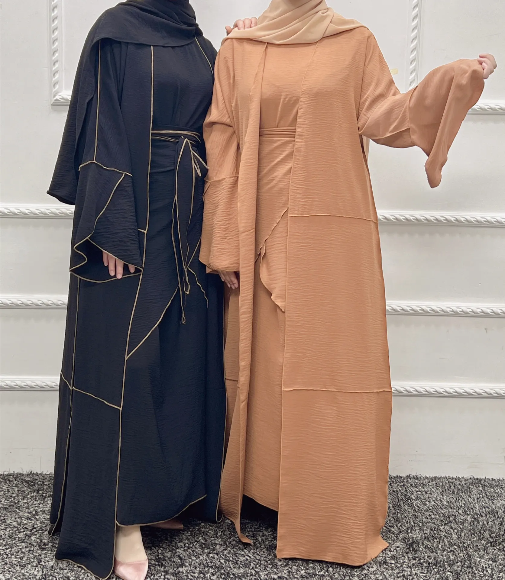 3 Piece Abaya Set Matching Muslim Suit Crepe Open Abayas for Women Dubai Turkey Hijab Dress Wrap Skirt African Islamic Clothing