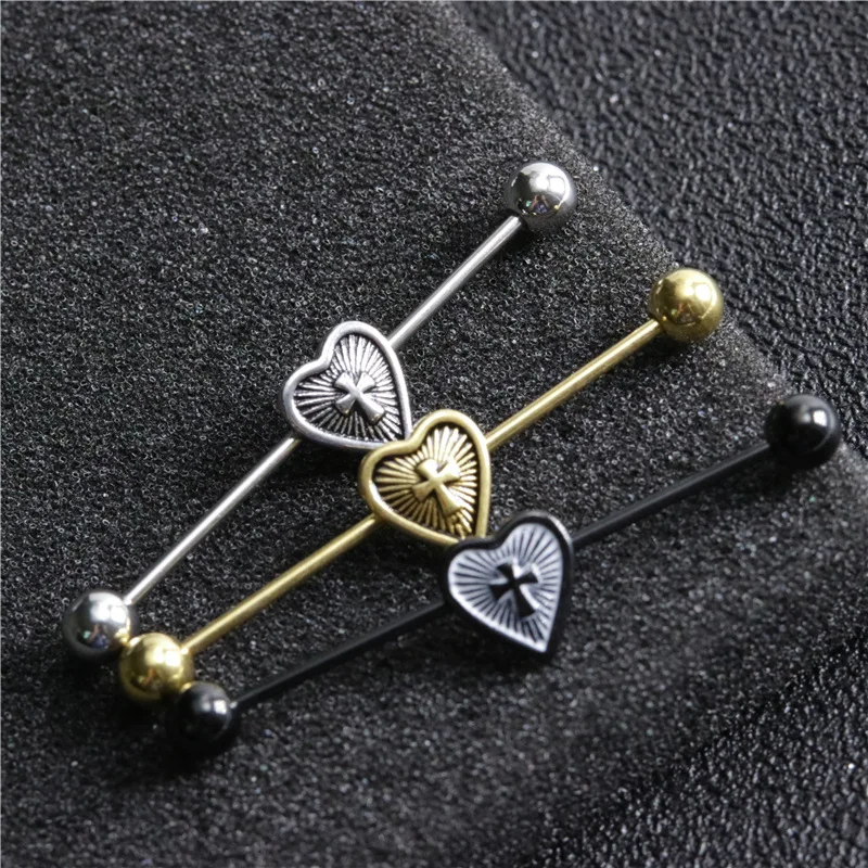 14G Cross Industrial Barbell Piercing Heart Earring Straigh Bar Cartilage Ear Piercing Barbells Body Jewelry