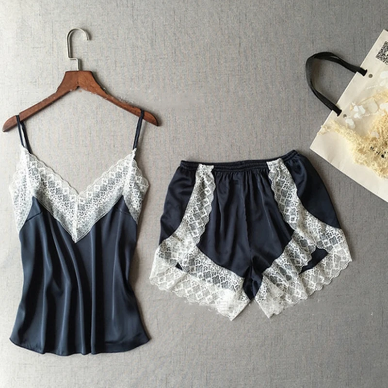 Women's Sleepwear Sexy Satin Pajama Set White Lace V-Neck Pyjamas Sleeveless Cute Cami Top And Shorts