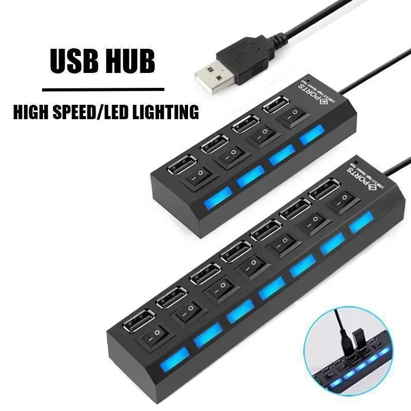 High-Speed 7/4 Port LED USB Hub with Multi-Port Power and ON/OFF Switch