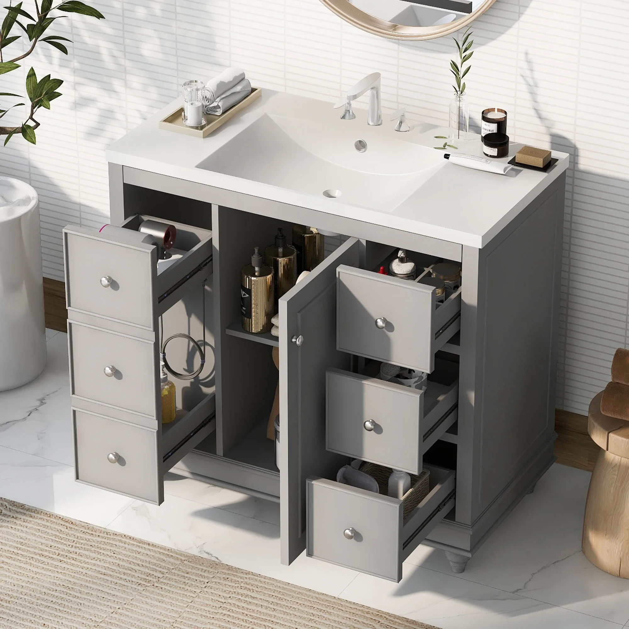 

Современный серый шкаф для ванной комнаты-36x18x34 дюйма, 4 ящика и 1 дверь шкафа, многофункциональный шкаф, регулируемый стеллаж