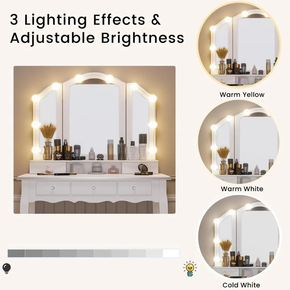 Makeup Vanity with Lights, Vanity Desk with Lighted Mirror and Stool, Vanity Table Set with Drawers, 3 Light Settings 5