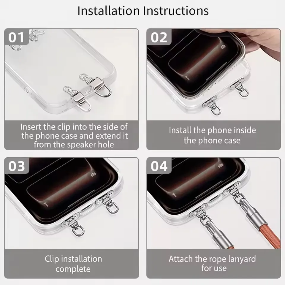 Compact 360° Rotatable Stainless Steel Ultra Thin Phone Lanyard Patch with Metal Hanging Cord Clip