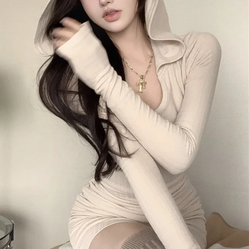y2k Dress Women Coquette Aesthetic Clothing Solid Color Long Sleeve Bodycon Dresses Sexy Club Party Dresses Streetwear